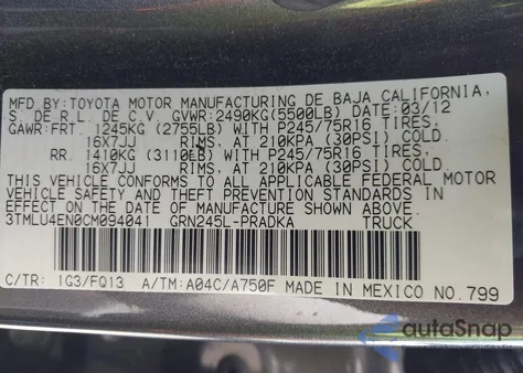 2012 Toyota Tacoma Double Cab from USA, damaged, VIN 3TMLU4EN0CM094041